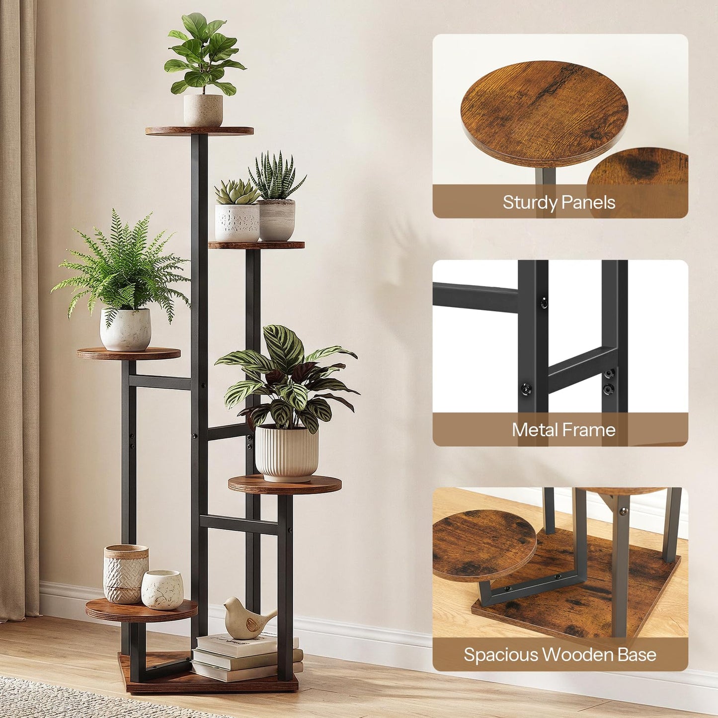 HOOBRO 5-Tier Corner Plant Stand Indoor, Round Vertical Plant Shelf for Small Spaces, Space Saving Flower Rack for Living Room, Balcony & Patio, Rustic Brown and Black BF05HJ01