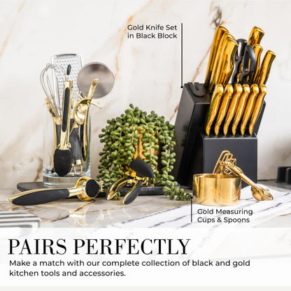 White & Gold Cooking Utensils Set - Luxe 8-Piece Kitchen Gadget Set Includes Can Opener, Tongs and Garlic Press - Stylish White and Gold Kitchen Accessories for Modern Kitchens, Ideal for Gifting