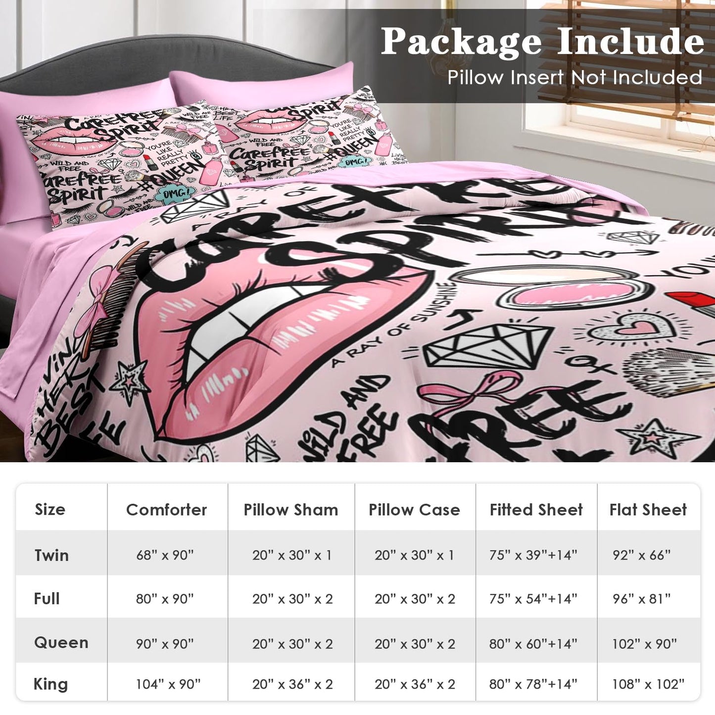 Pamnest Comforter Set King Size, Makeup Pink Queen 7 Pcs Bedding for Kids and Adults, Women Diamond Cute Bed Sheet Sets with Fitted Sheet 2 Pillowcases & 2 Shams for Bedroom Bed Decor