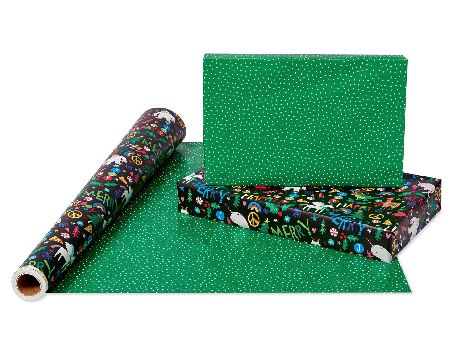 American Greetings Jumbo Kids Christmas Wrapping Paper Roll, Dinosaur, Unicorns, and Yetis Holiday Gift Wrap (175 sq. ft., 1 Extra Large Reversible Roll-30 in. x 70 ft.) Colorful, Black, Green