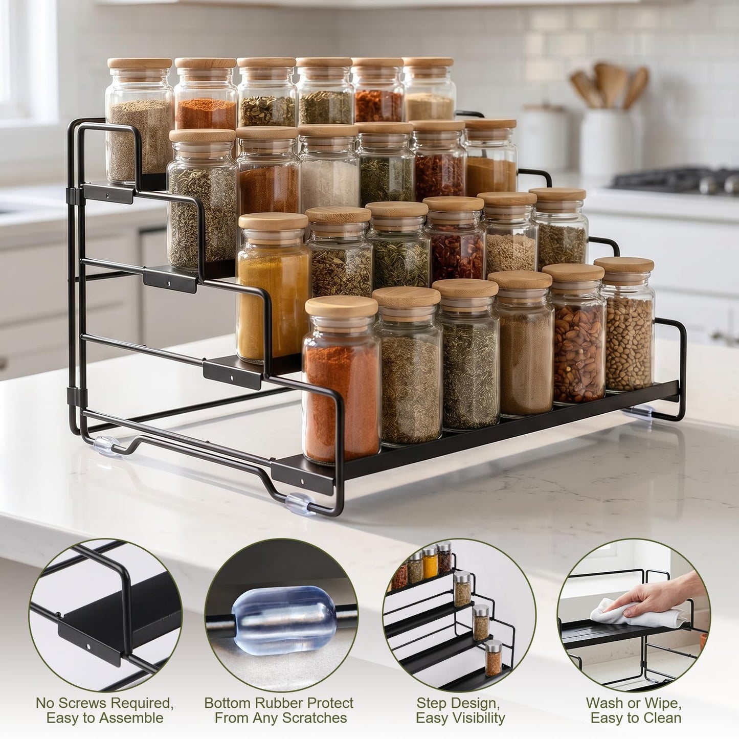 KITREPAION Spice Rack Organizer for Cabinet, Tiered Adjustable Spice Shelf Organization, Metal Seasoning Rack for Kitchen Countertop Cupboard Pantry, Raised Edge Anti-Slip Design for Jars and Bottles