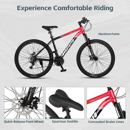 AVASTA 27.5-inch Mountain Bike for Man Male and Woman Female Adult with Lightweight Aluminum Alloy Frame and Dual Disc Brakes,Front Suspension,21-Speed Gear Shifters,Hidden Brake Cables,Red