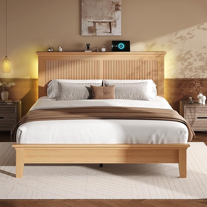 Lifezone Wood Queen Bed, Solid Wood Bed