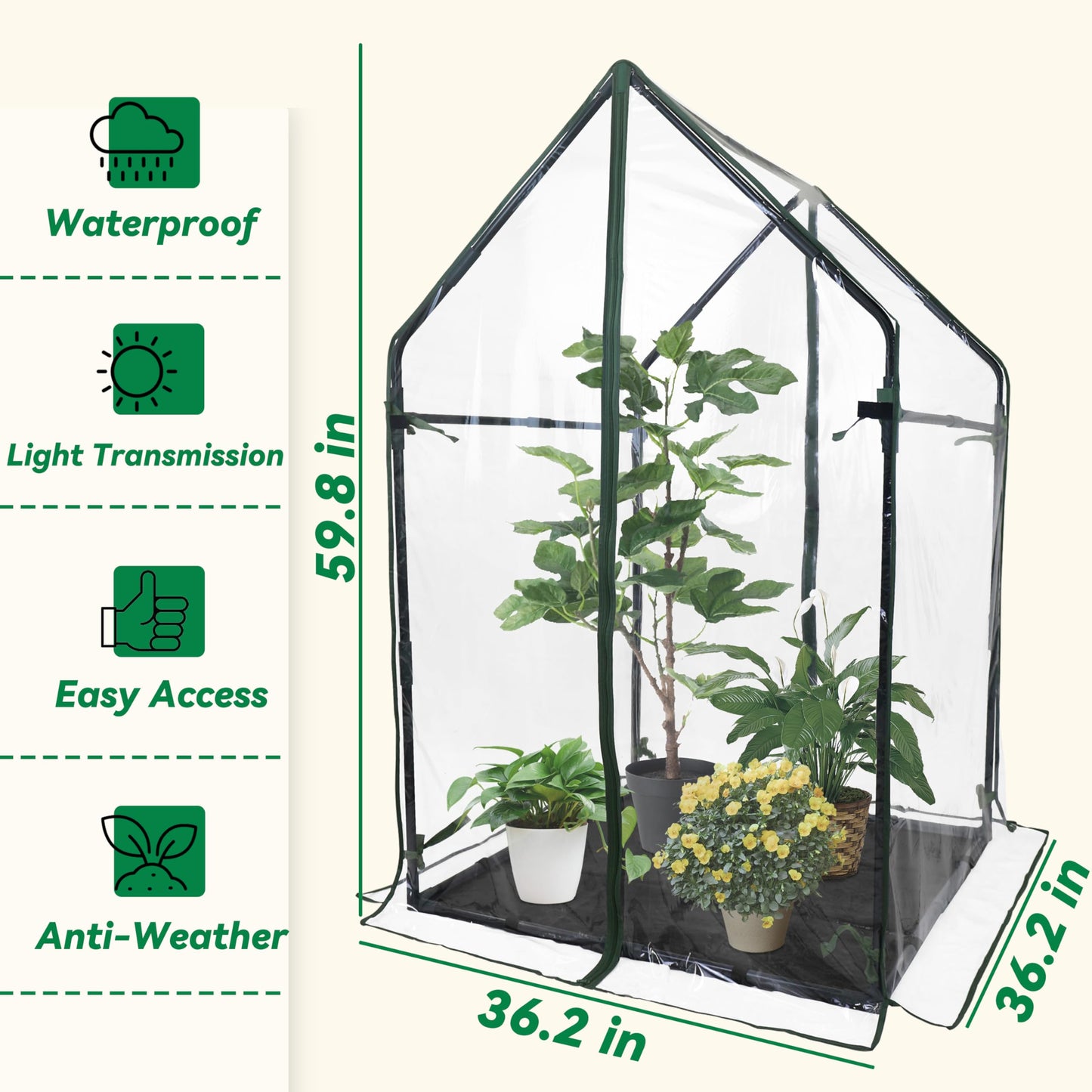 Gardzen Mini Greenhouse with Waterproof Bottom, Portable Green House with Strong Metal Frame, Small Green House for Outside and Inside Use,36.2"(L) x36.2(W) x59.5(H)