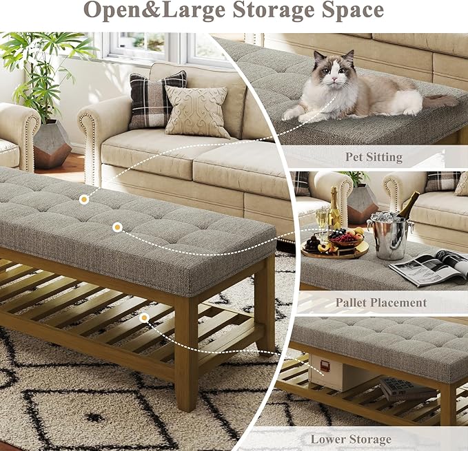 Befurtori Large Rectangular Upholstered Ottoman Bench, Linen Tufted Footrest