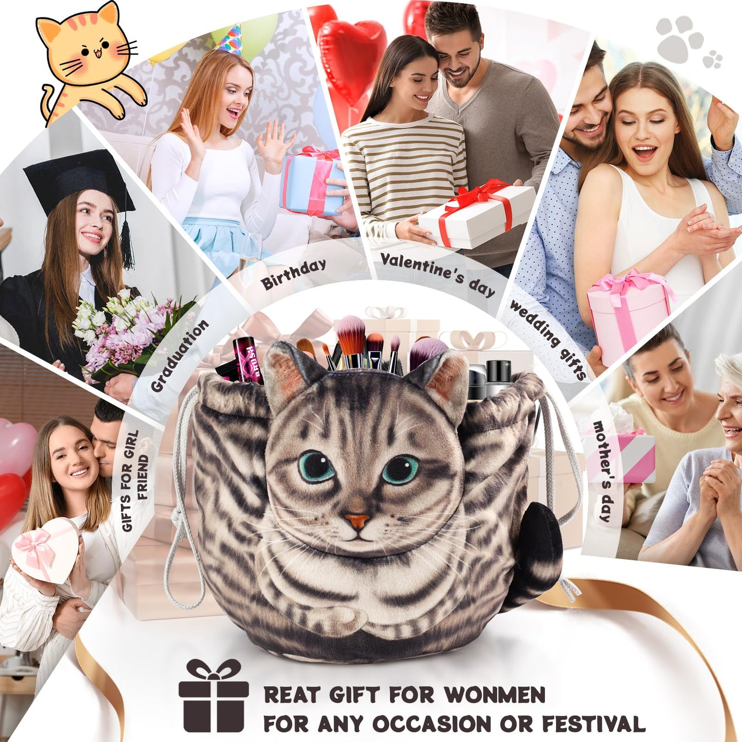 Cat Drawstring Makeup Bag,Flat Lay Make Up Bag,Portable Travel Cosmetic Bag Storage Organiser,Bag for Purse,Cat Gifts for Women/Girls/Cat Lovers