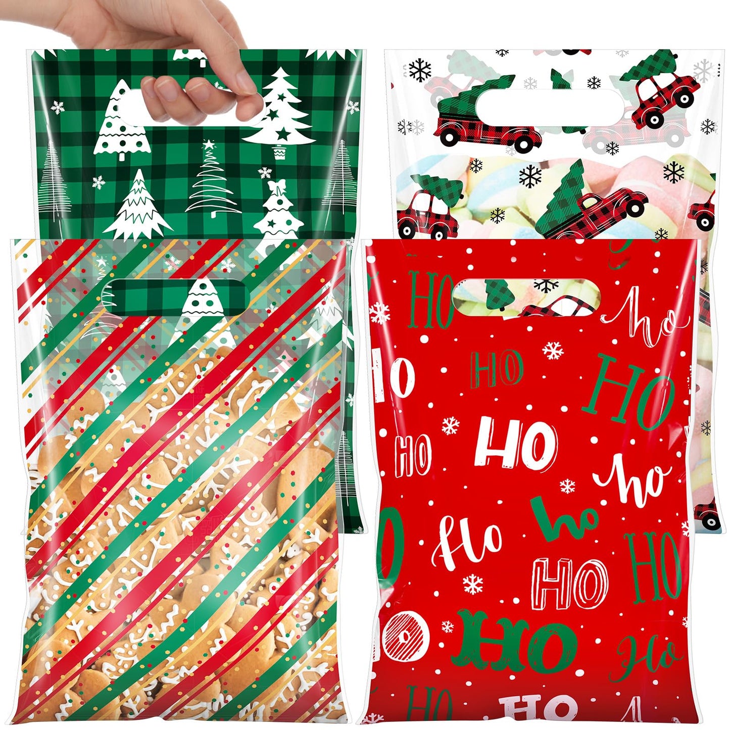 Teenyyou 60 Pcs Christmas Party Gift Bags Plastic Treat Bags with Handles Green Plaid Stripes Snowflakes Red Truck Candy Goodie Handbags for Festive Holiday Winter Theme Favors Supplies