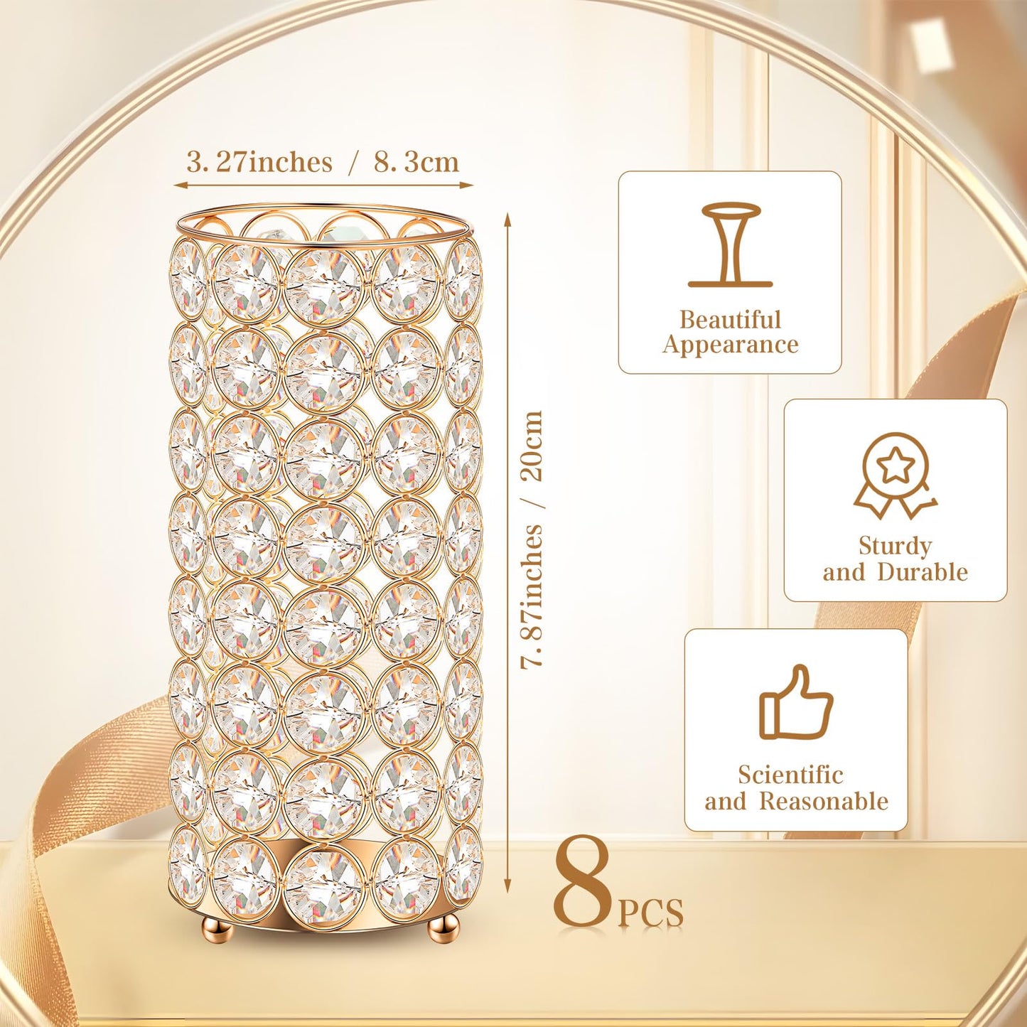Dandat 8 Pcs Crystal Flower Vase for Wedding Table Centerpieces 7.87 in Crystal Pillar Candle Holder Metal Cylinder Flower Vase Stand for Christmas Wedding Decor Gifts Arrangement Event(Gold)