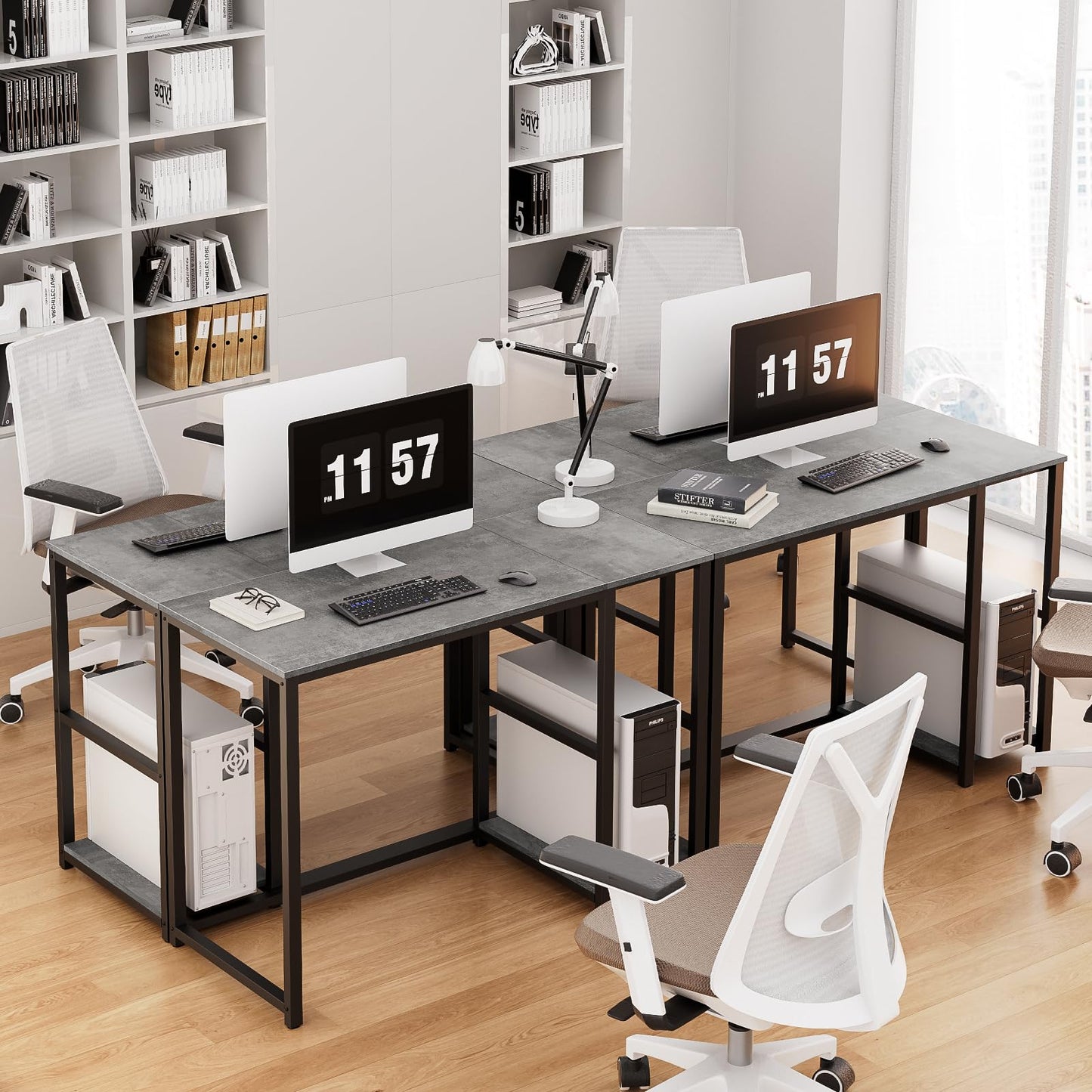 SINPAID Computer Desk 40 inches with 2-Tier Shelves Sturdy Home Office Desks with Large Storage Space Modern Gaming Desk Study Writing Laptop Table, Gray