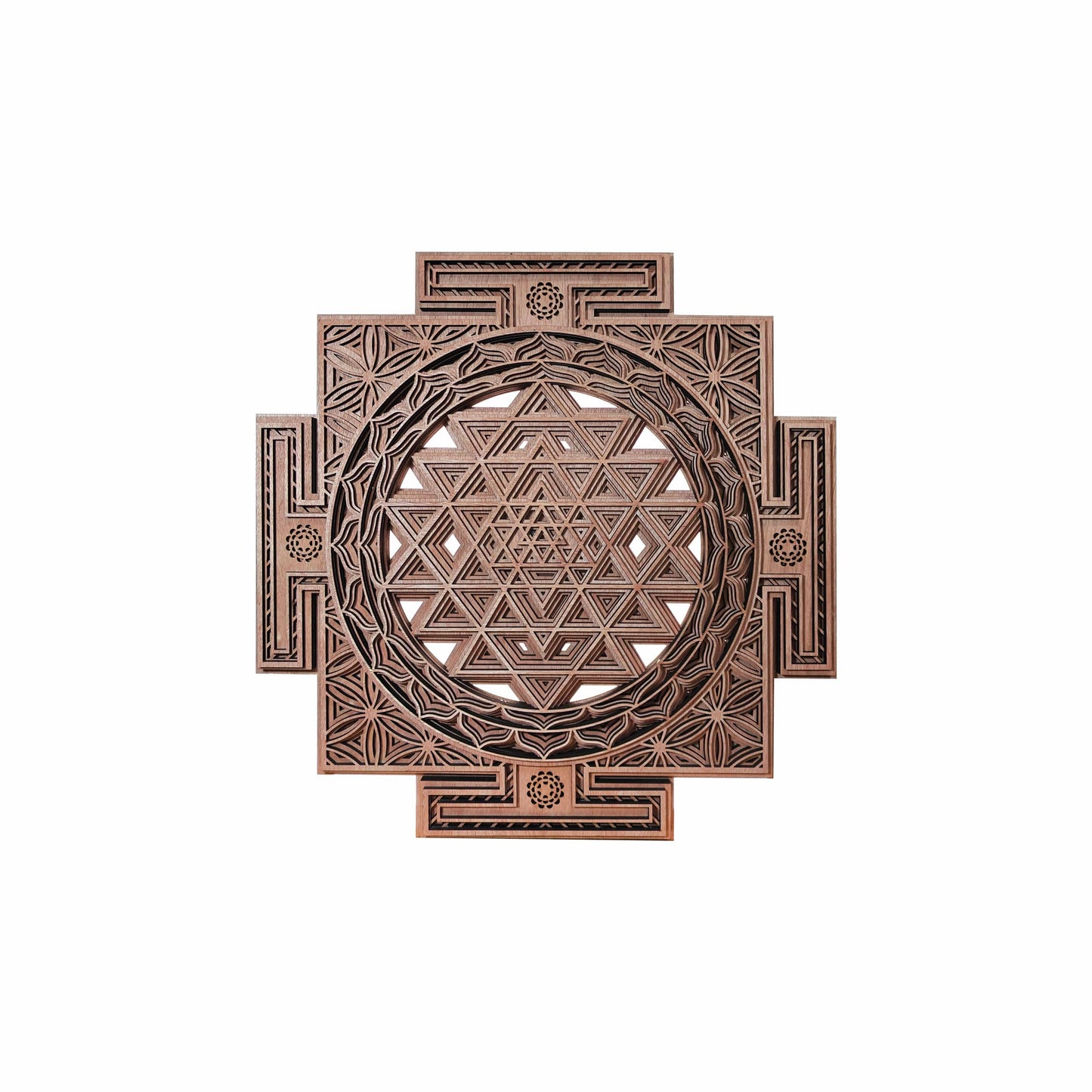 YIVFOX Handcrafted Sri Yantra Wall Art - Sacred Geometry Wood Carving for Spiritual Décor, Chakra Balancing and Meditation Space (11.8inch)