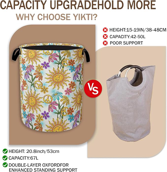 Collapsible Laundry Basket, Vintage Peace Symbol Dirty Clothes Hamper, Hippie