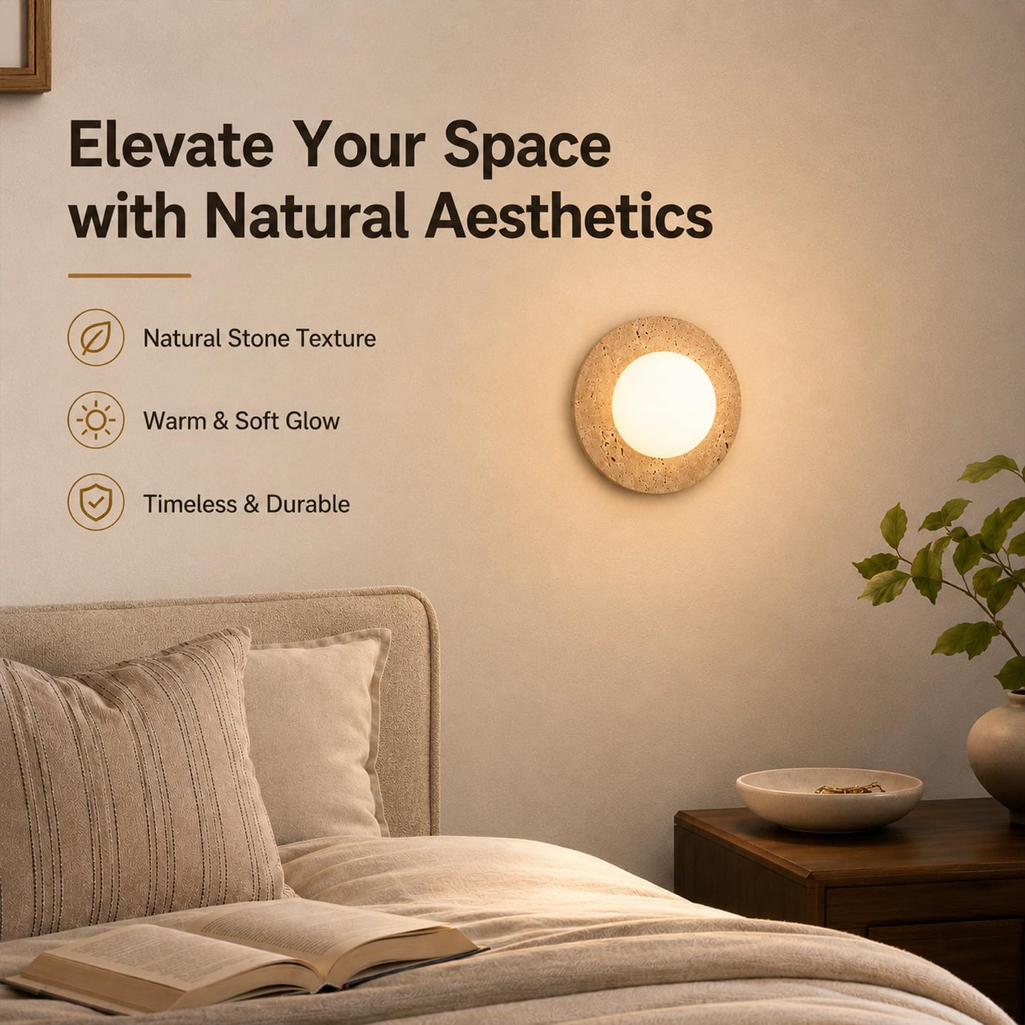 Coolilumi 7.9-Inch Travertine Wall Sconce, Hardwired Stone Wall Light with Frosted Glass Globe, G9 Accent Light for Bedside, Hallway, Entryway, Wabi Sabi Japandi