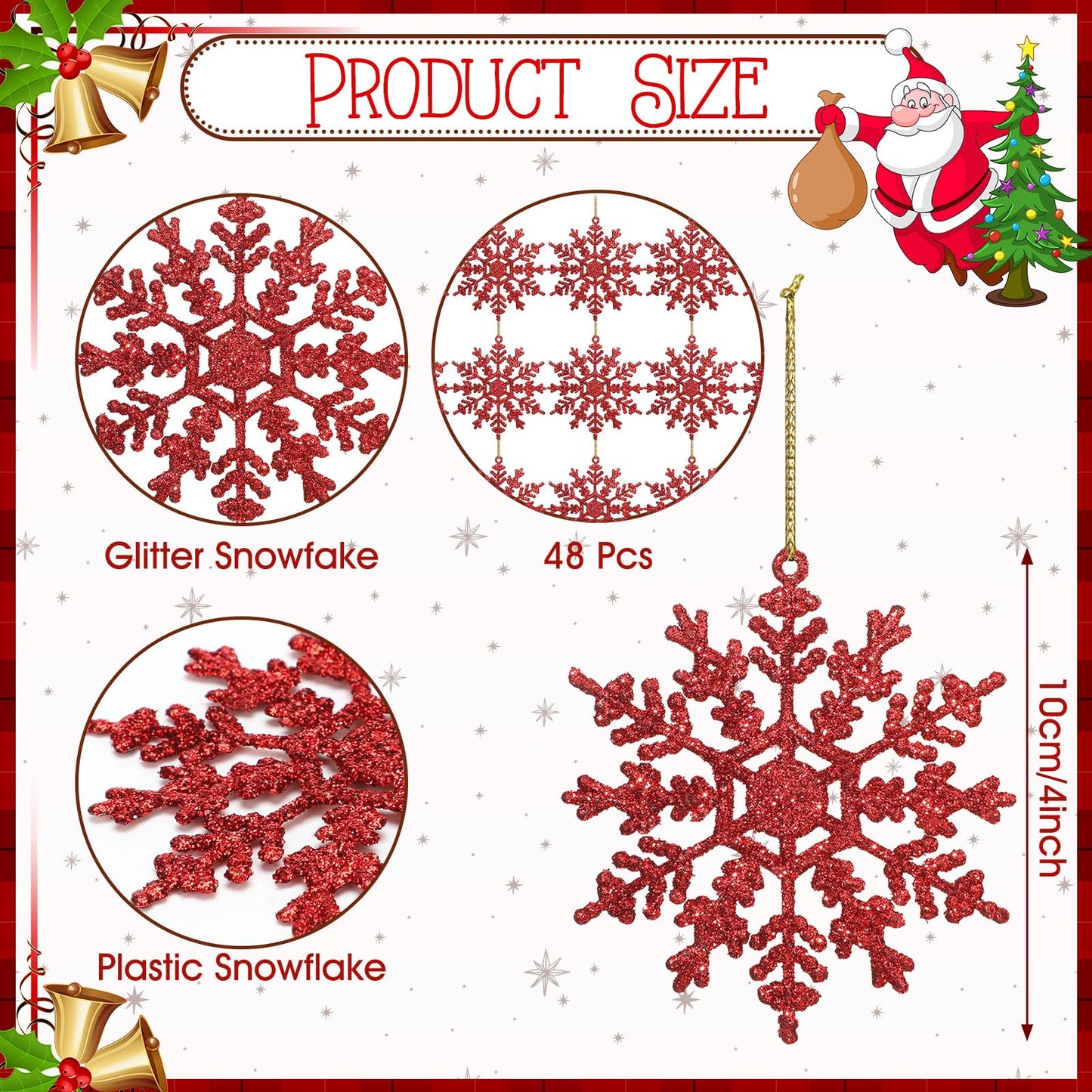 Vertintong 48 Pcs Burgundy Glitter Snowflake Ornaments Winter Tree Hanging Plastic Glitter Snowflake Ornaments Decorations for Xmas Winter Home Garland Holiday Decoration
