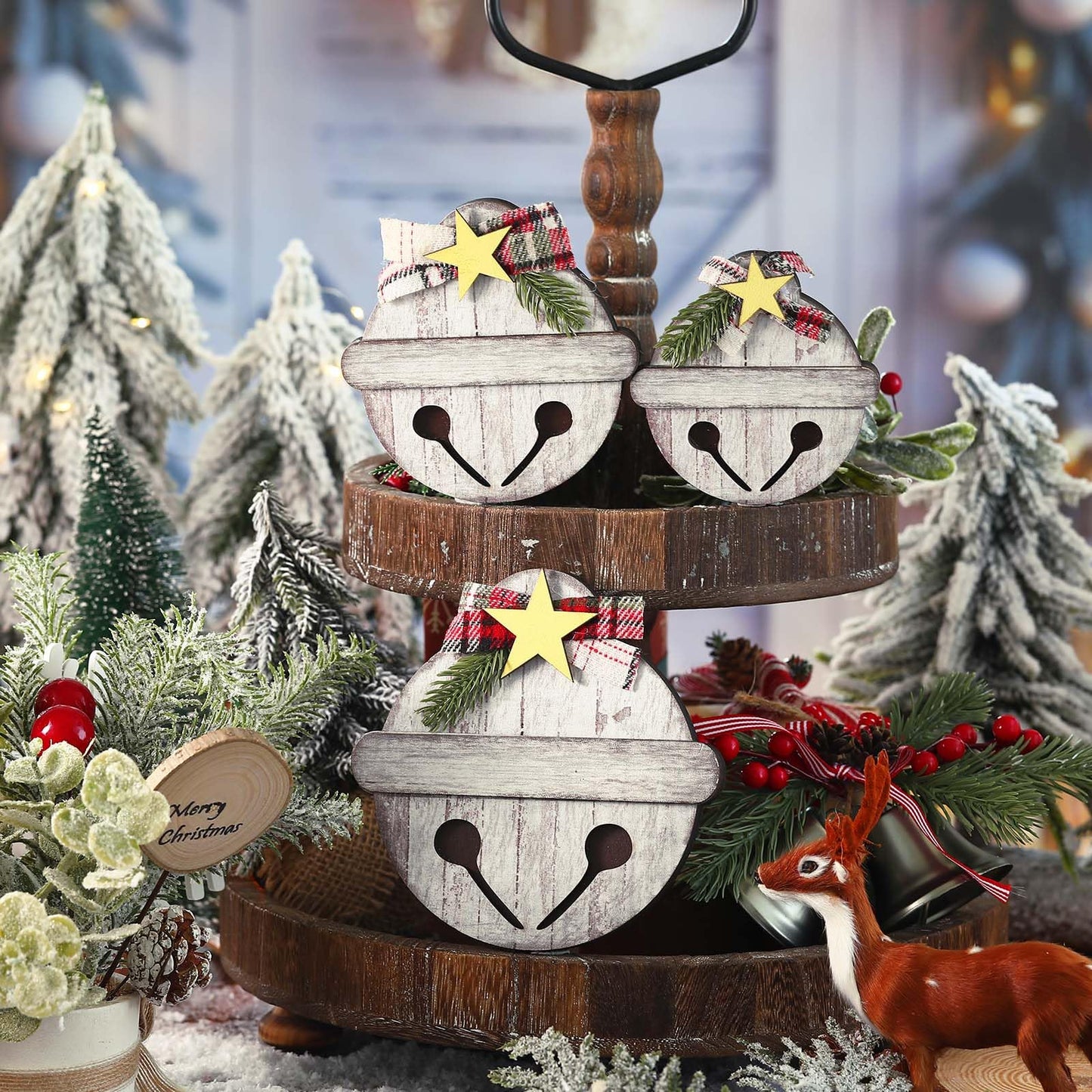 Threehoney 3 Pcs Christmas Wooden Table Decorations Rustic Jingle Bell Wood Sign with Plaid Bow Pine Branches Star Farmhouse Christmas Bell Table Centerpieces for Xmas Party Kitchen Tiered Tray Decor