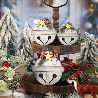 Threehoney 3 Pcs Christmas Wooden Table Decorations Rustic Jingle Bell Wood Sign with Plaid Bow Pine Branches Star Farmhouse Christmas Bell Table Centerpieces for Xmas Party Kitchen Tiered Tray Decor