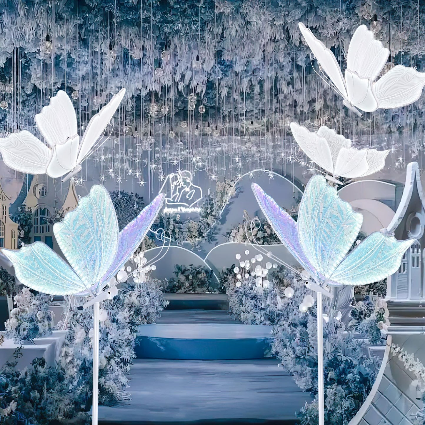 B-COOL Wedding Butterfly Floor Lamp Decoration: Christmas Birthday Party Lights Butterfly Ceiling Lamp Butterflies Chandelier White Led Decorative Iridescent|Silver Sequin 60cm/23.6in & 1PCS