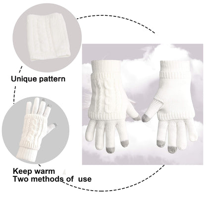 Winter Hat Gloves Scarf Set for Women, Cable Knit Beanie Pom Cap Touch Screen Glove Long Scarf 3PCS Winter Gift for Women Men