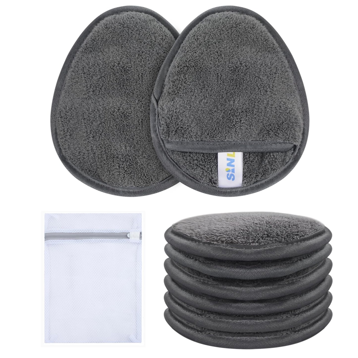 SINLAND 6 Pack Microfiber Makeup Remover Pads Reusable Makeup Eraser Washable Facial Cleansing Pads With Laundry Bag Dark Grey