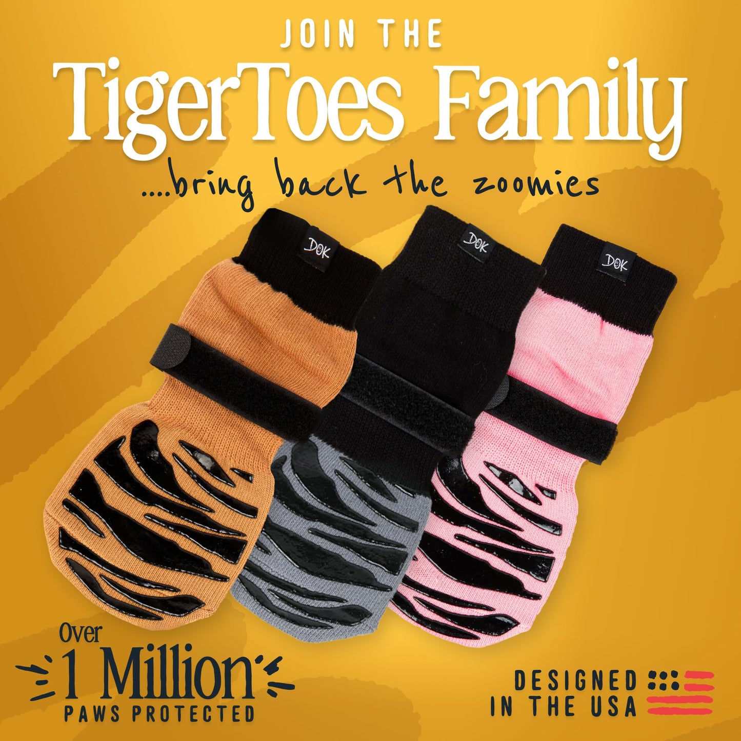DOK TigerToes Premium Non-Slip Dog Socks for Hardwood Floors - Extra-Thick Grip That Works Even When Twisted - Prevents Licking, Slipping, and Great for Dog Paw Protection (Cool Caramel, Medium)