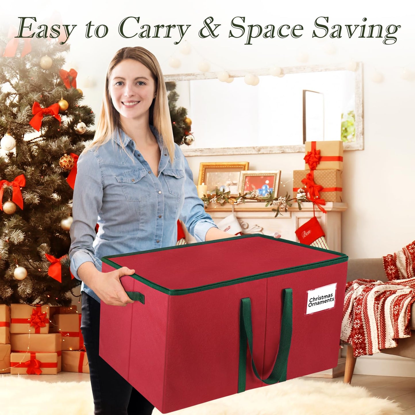 RoomHacks Christmas Ornament Storage Box, Store Up to 128 Ornaments, Durable Christmas Storage Container, Dual Zipper & Adjustable, Large Organizer Bin to Protect and Store Holiday Ornaments(Red)