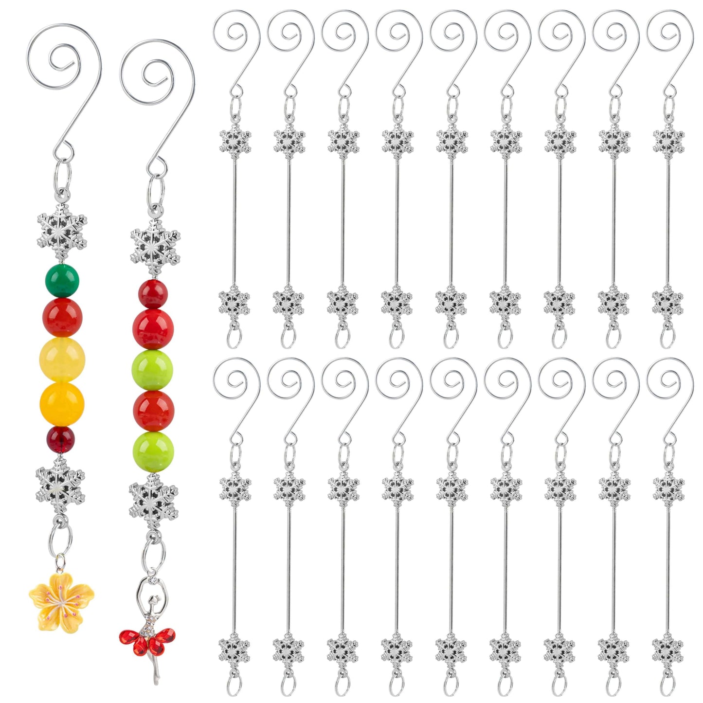 KINCHYGO, 18 Pack Beadable Rods Charms Snowflake Pendant for Christmas Tree DIY Craft (Silver)