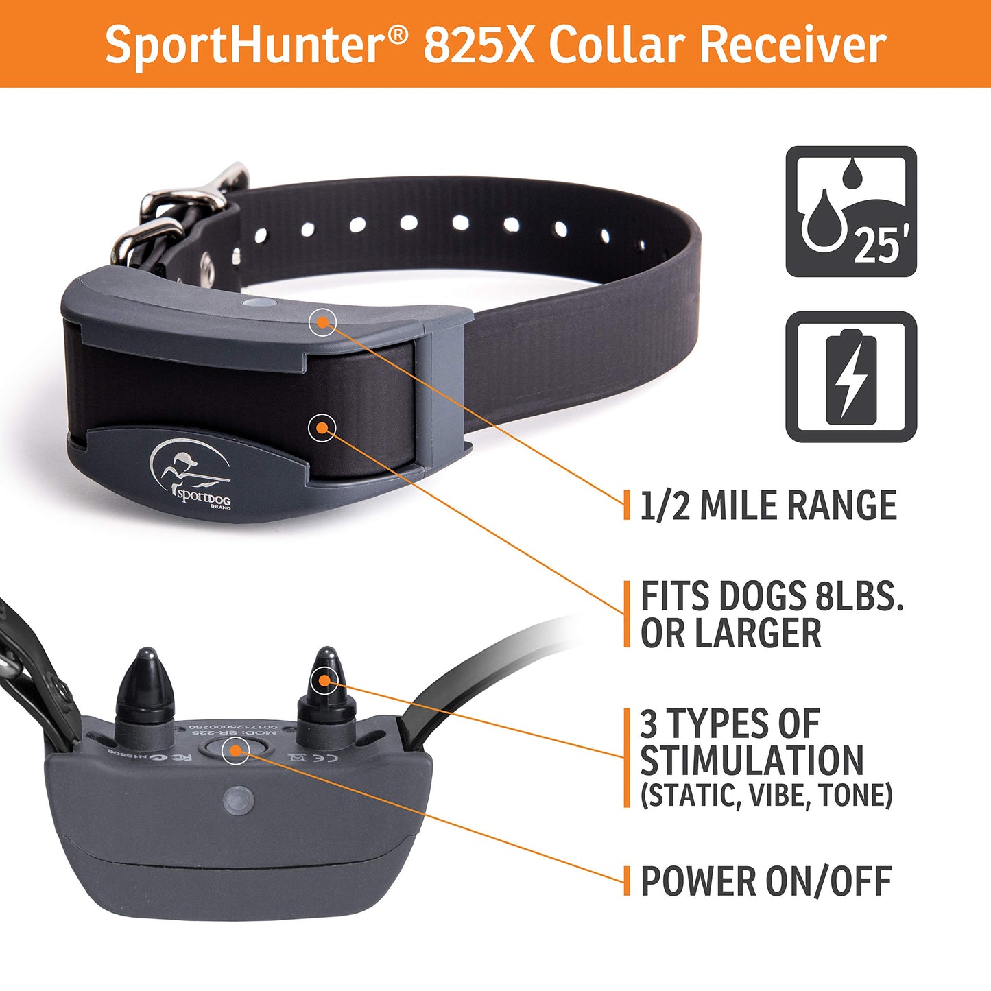 SportDOG Brand SportHunter 825X Dog Training Static Collar with Remote, 1/2 Mile Range Waterproof Dog E-Collar, Submersible up to 25 Ft, Rechargeable Training Device with Static, Vibrate and Tone