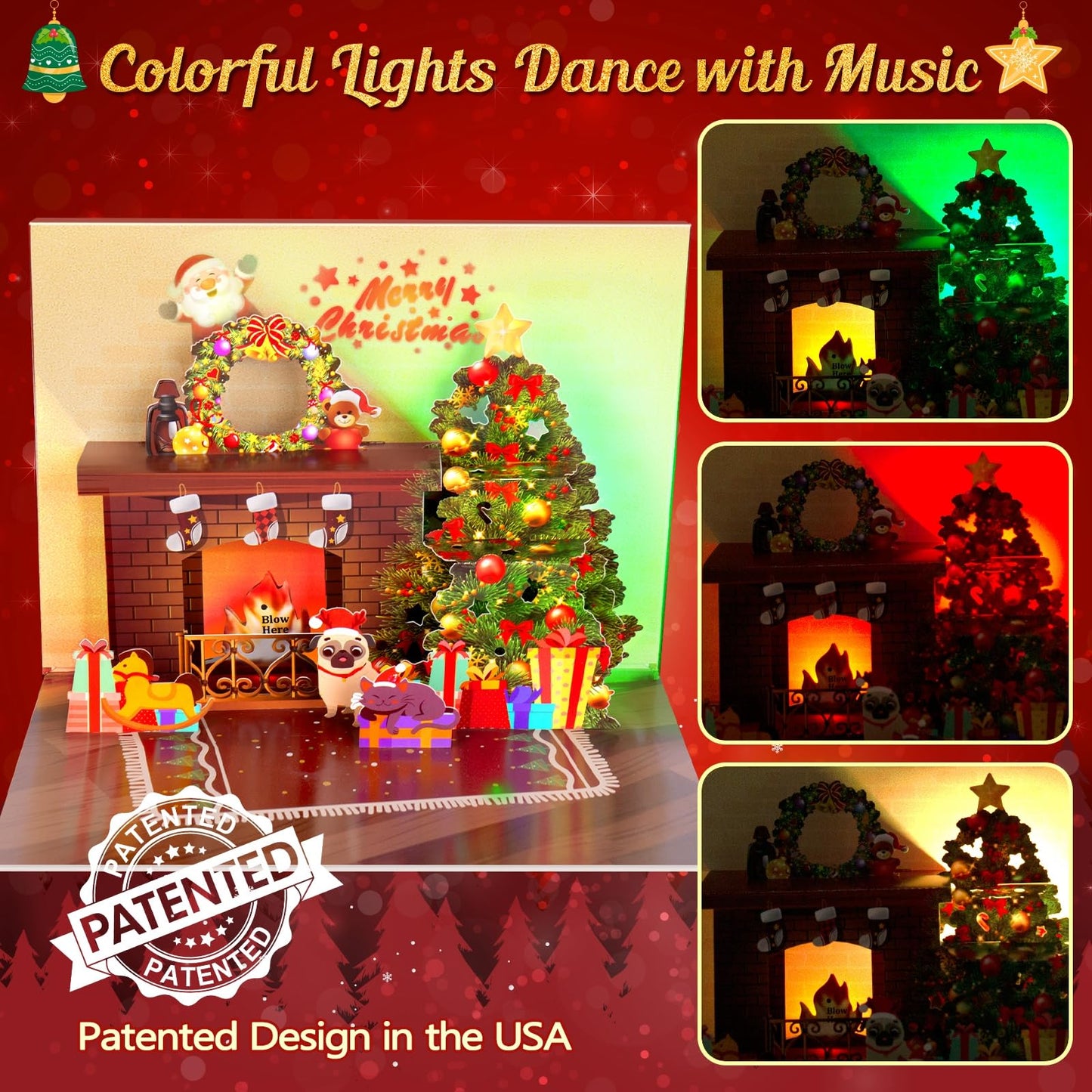 FITMITE Christmas Card Pop Up with Light and Music 3D Santa Fireplace Merry Christmas Greeting Card with Envelope for Kids Girls Women Man Christmas Gift