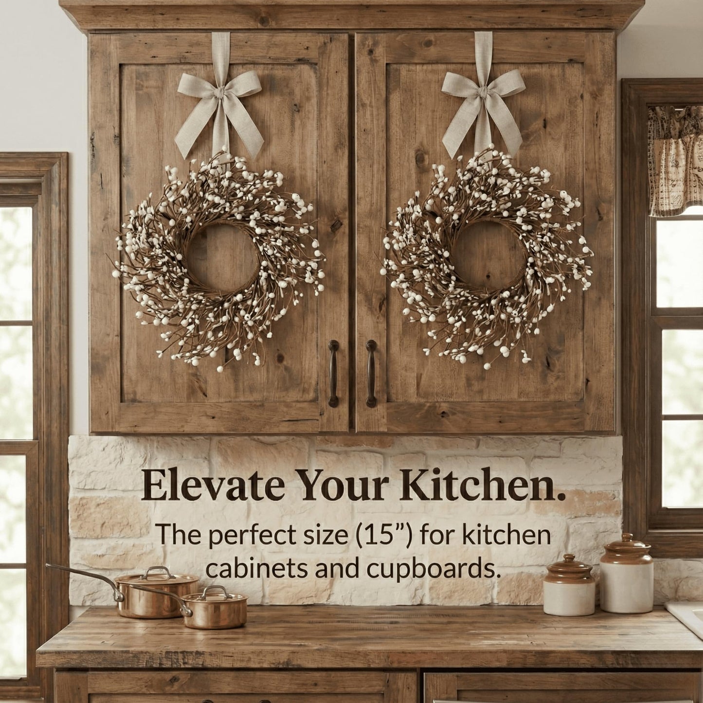 Quixem 15" Cream Pip Berry Mini Wreath (4.5" Inner Dia), Rustic Ivory Artificial Wreath Ring for 3" Pillars, Small Farmhouse Kitchen Cabinet Decor, Wedding Centerpiece