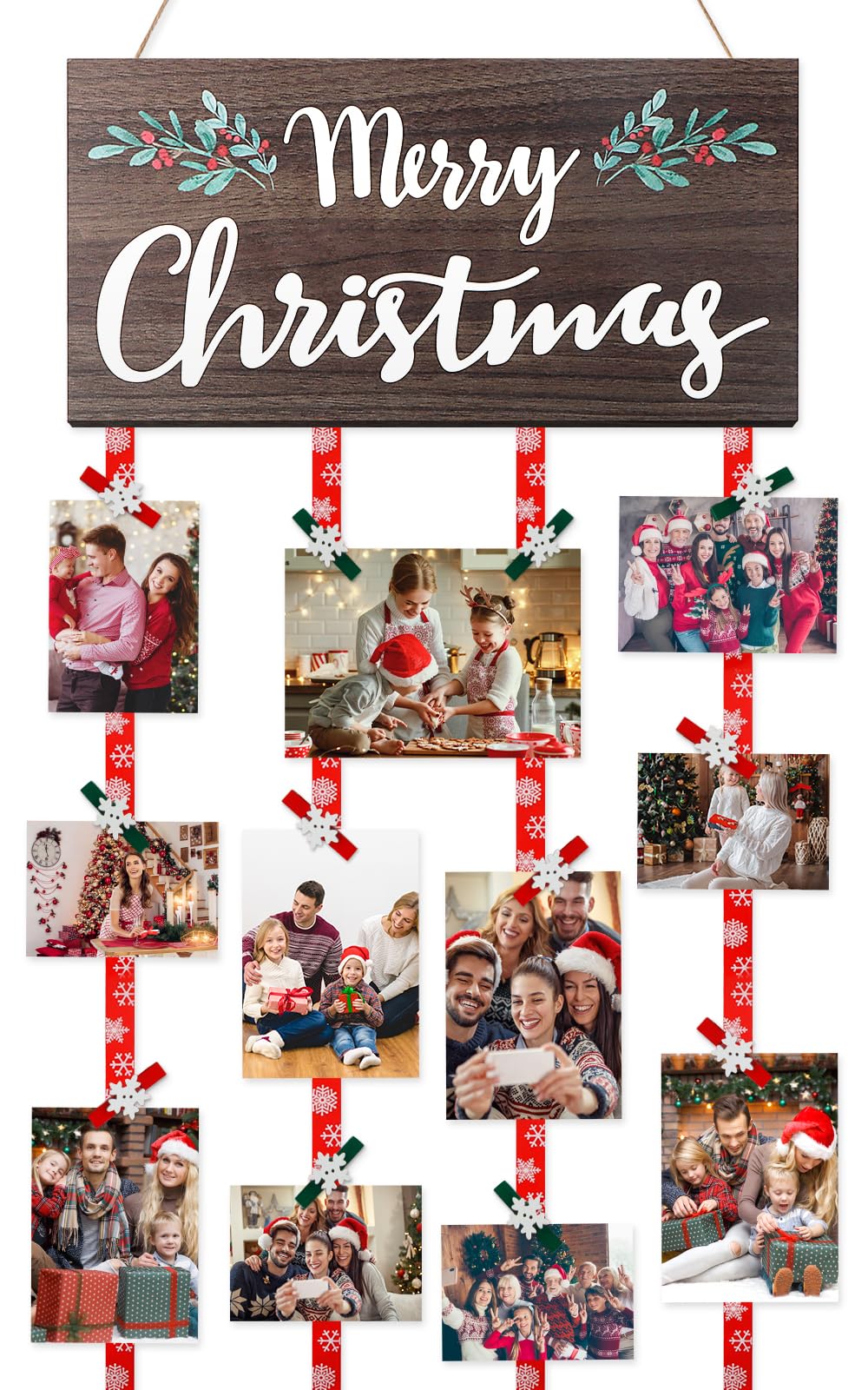 AKEROCK Christmas Card Holder Display, Christmas Wall Decor, Wooden Christmas Picture Frame with 30 Clips for Hanging Photos, Christmas Cards & Postcards, Xmas Holiday Wall Door Home Decor & Gift Idea
