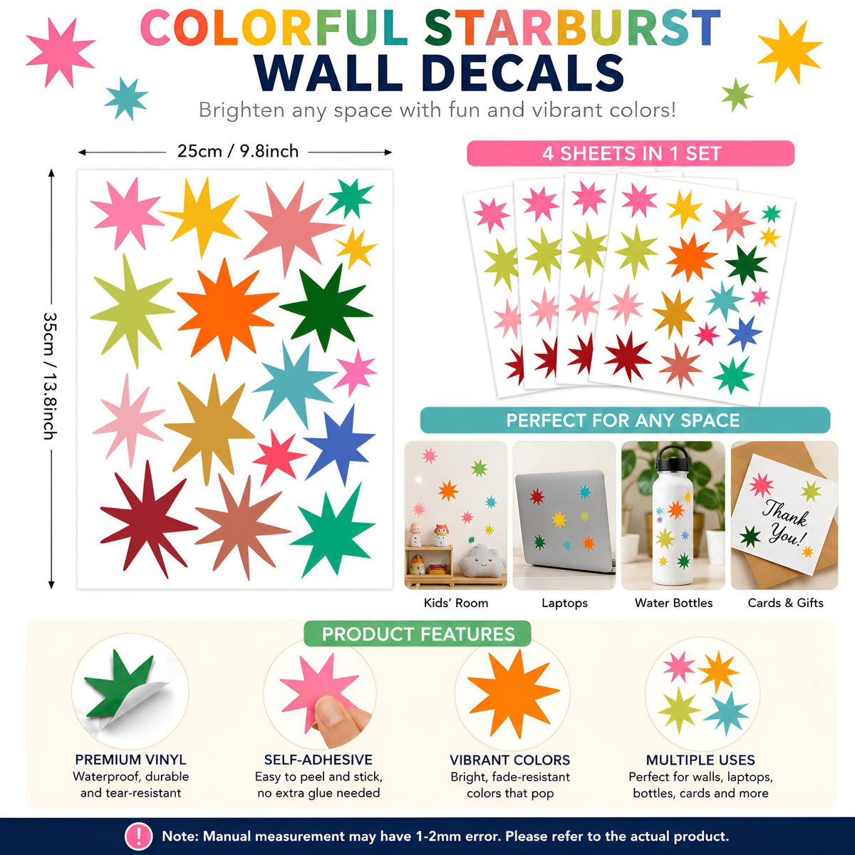 Wild Earth Colourful Stars Wall Stickers, Cosmic Carnival Wall Stickers, Removable Fabric Sticker, Wallpaper Effect Wall Sticker Irregular Star Wall Sticker Decals Nursery Playroom Decor (68 PCS)