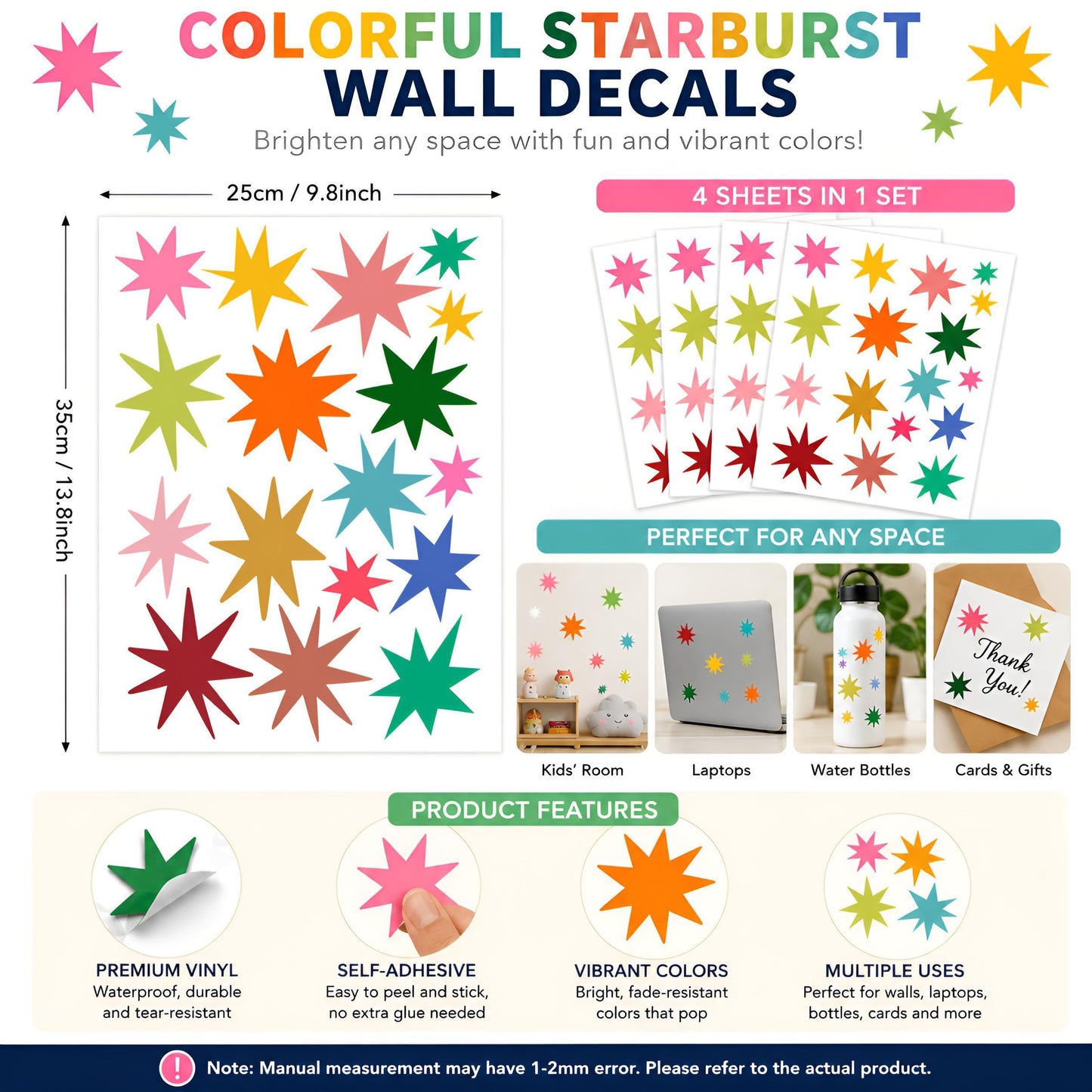 Wild Earth Colourful Stars Wall Stickers, Cosmic Carnival Wall Stickers, Removable Fabric Sticker, Wallpaper Effect Wall Sticker Irregular Star Wall Sticker Decals Nursery Playroom Decor (68 PCS)