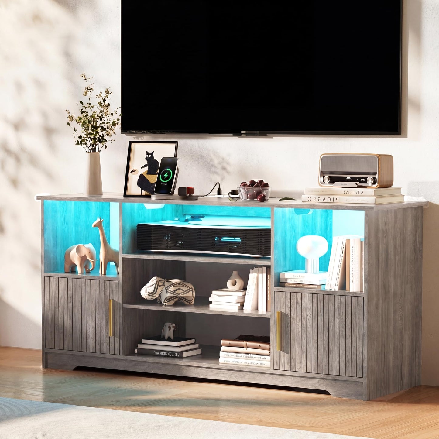 YOSHOOT Fluted TV Stand for Living Room, Modern Entertainment Center with LED Lights & Power Outlet and Storage Cabinet, Small Media Console with Adjustable Shelves for Bedroom, Gray Oak