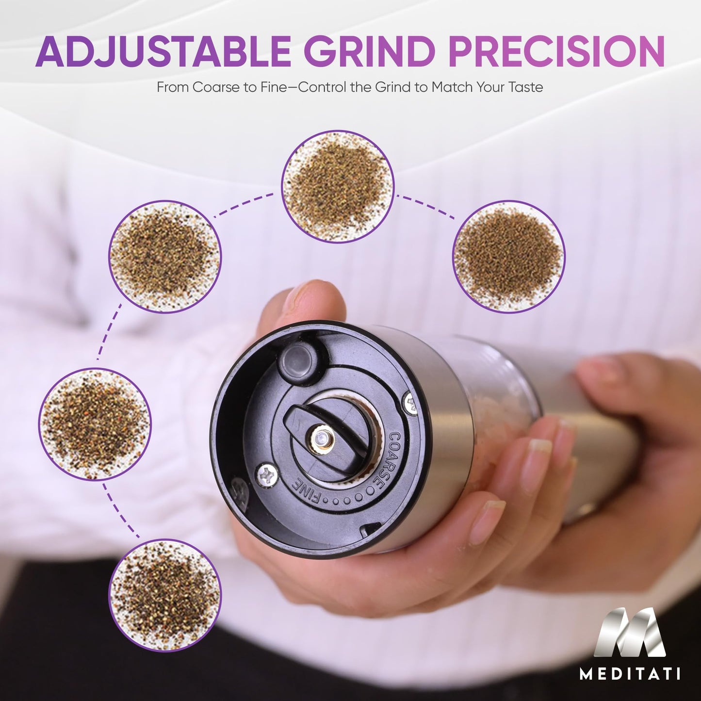 Meditati Rechargeable Automatic Salt and Pepper Grinder Set - One Hand Operation with LED Light for Precise Seasoning - Adjustable Coarseness with Ceramic Core - Set of 2