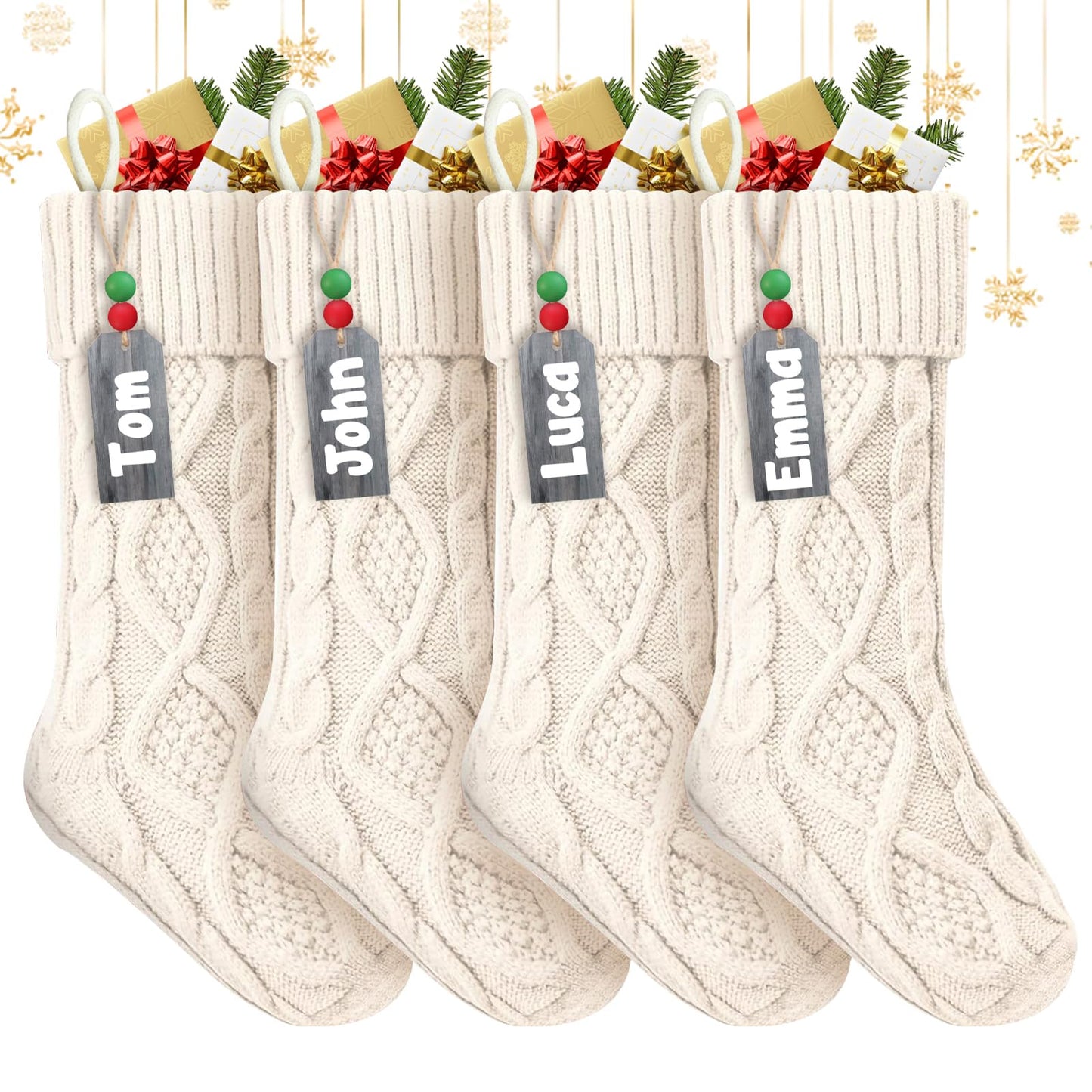 ZIFTY Personalized Christmas Stockings Bulk with Names Set of 4 18 Inches White Knitted Xmas Stockings Soft Warm Double-Sided Classic Decoration for Family Holiday Party Christmas Ornaments (Ivory)