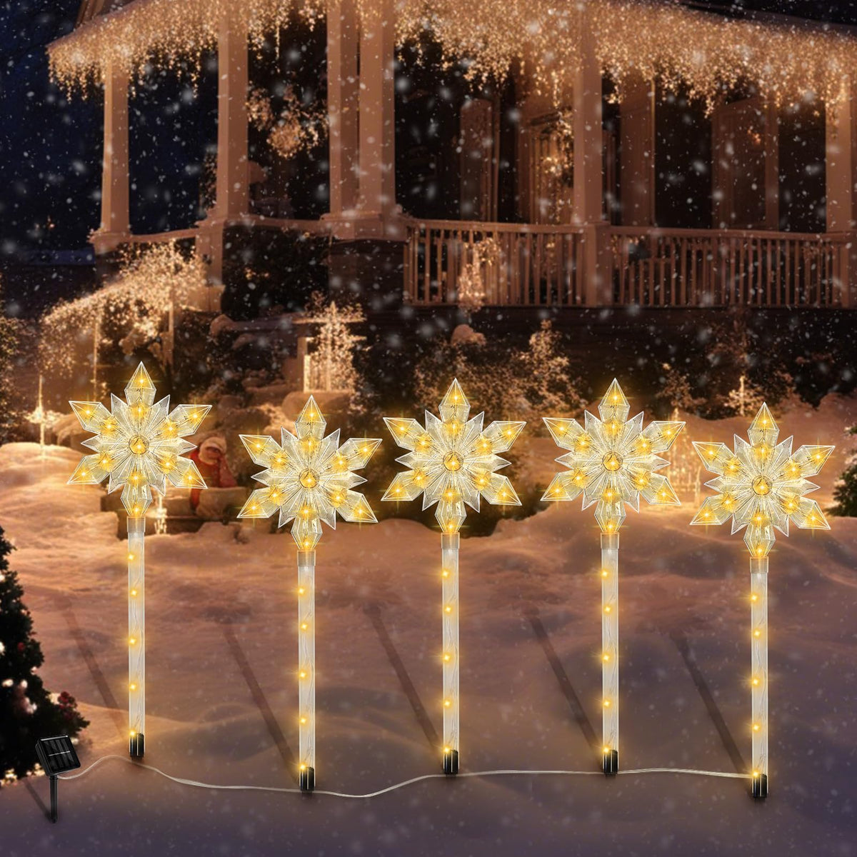 VOGVOG Snowflake Solar Christmas Pathway Lights, Set of 5 LED Outdoor Stake Lights, Waterproof Christmas Decorations for Garden, Yard, Lawn, Walkway, Patio Decor (Warm, 5pcs)