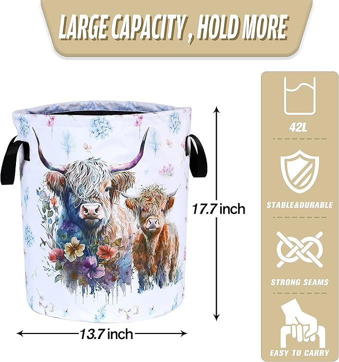 Highland Cow Laundry Basket Cattle Animal Foldable Oxford Cloth Funny Tote Bag