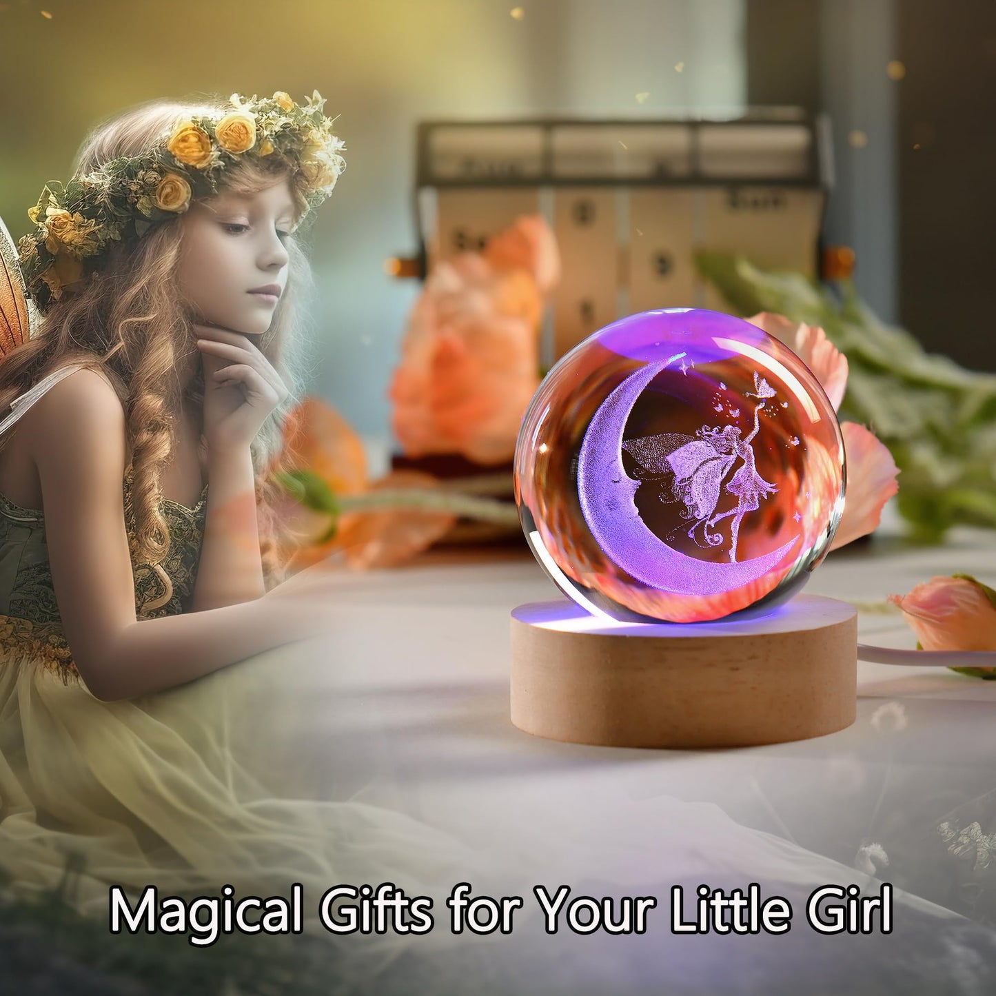 IFOLAINA Moon Fairy Crystal Ball Fairy Gifts for Girls Her Fairy Lovers Birthday Gifts for Daughters 3D Crystal Fairy Sphere Lamp Decorative Fairy Figurine Home Decor