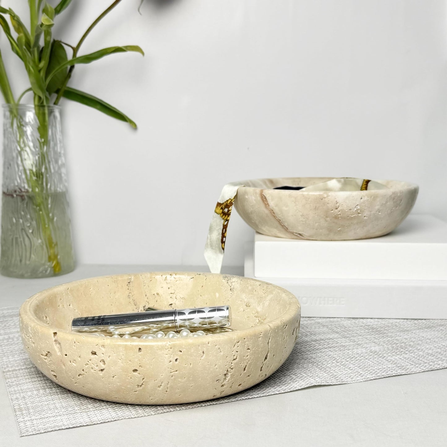 Hqlmzd Travertine Decorative Bowls for Home Decor, Keys Bowl for Entryway Table Modern Home Decor (White)