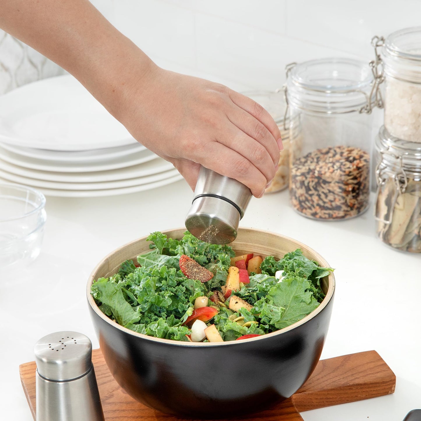 Restaurantware-Met Lux 2 Ounce Salt And Pepper Dispensers, 1 Refillable Salt And Pepper Shaker Set - "S" And "P" Pour Holes, Clear Glass Bottom, Stainless Steel Spice Dispensers, With Screwable Lid