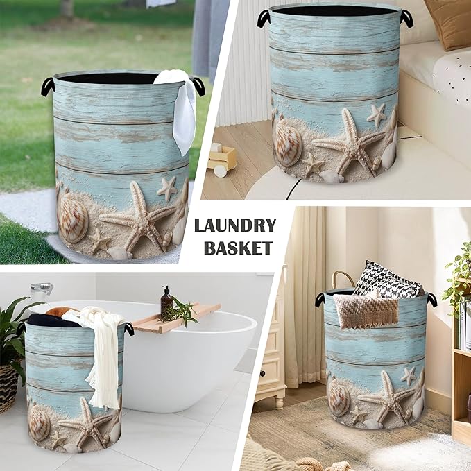 Starfish Seashell Laundry Basket, Vintage Wooden Oxford Cloth Laundry Hamper