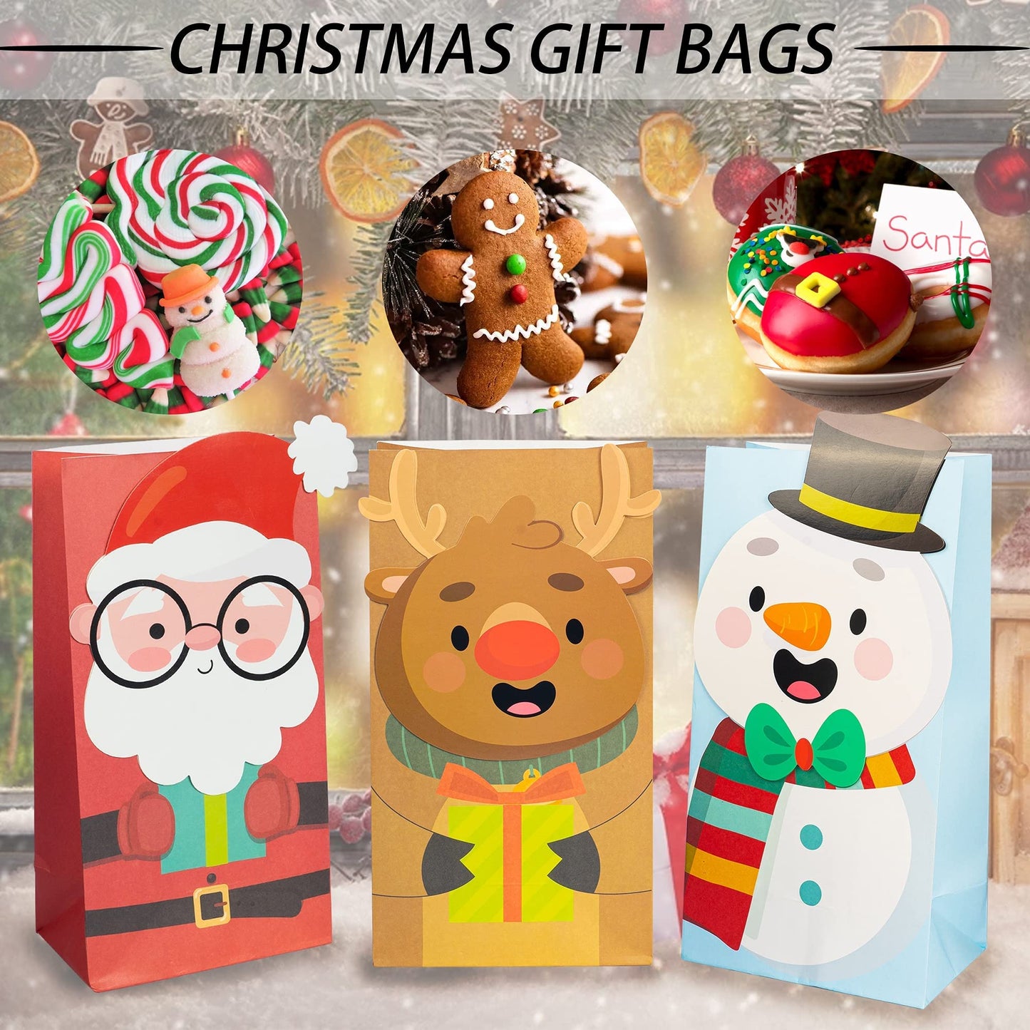 Uptotop 24 Pack 2D Christmas Treat Bags with 6 Assorted Designs, Xmas Kraft Paper Bags for Holiday Cookie Candy Party Favor Supplies Decor