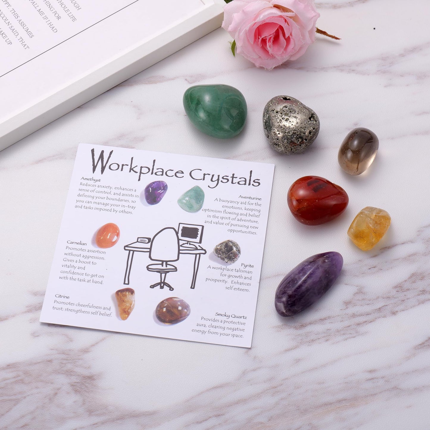 Workplace Crystals Set - 6PC Healing Protection Stones for Office Desk, Focus, Positive Energy, Stress Relief, Metaphysical Gifts for Friend Coworker Family, New Job Decor