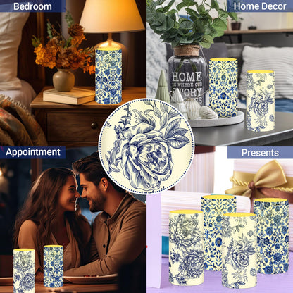 Tiamon 4 Pcs Chinoiserie Flameless Pillar Candles LED Blue and White Porcelain Candles Set Battery Operated Warm Light Flickering Chinoiserie Decor for Wedding Home Table Party Decoration