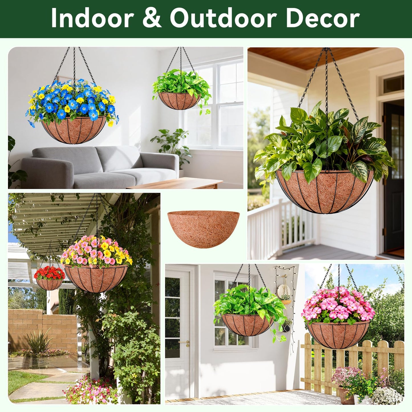 ZeeDix 6 Pack 14 Inch Coconut Liners for Planters, Round Hanging Basket Liners Natural Coco Coir Replacement Liner for Flowers Vegetables Patio Porch Garden Decor