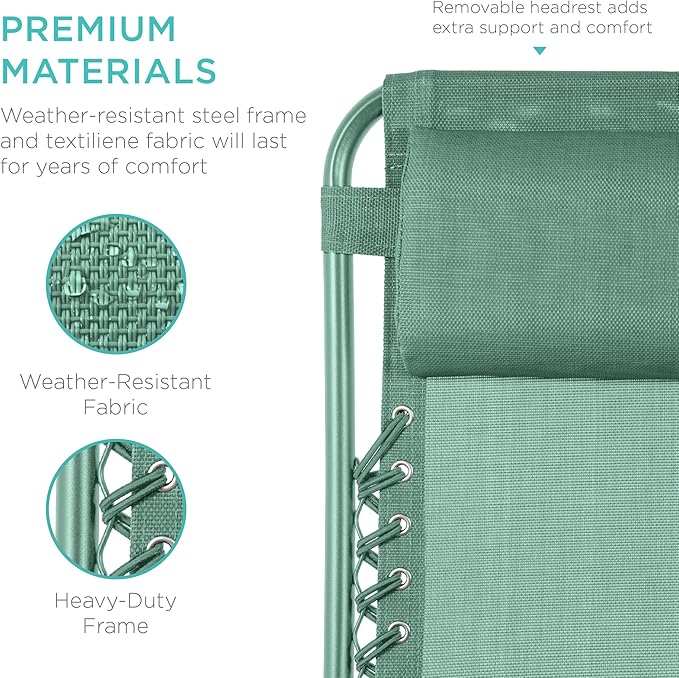 Best Choice Products Set of 2 Adjustable Steel Mesh Zero Gravity Lounge Chair Recliners w/Pillows and Cup Holder Trays - Seafoam