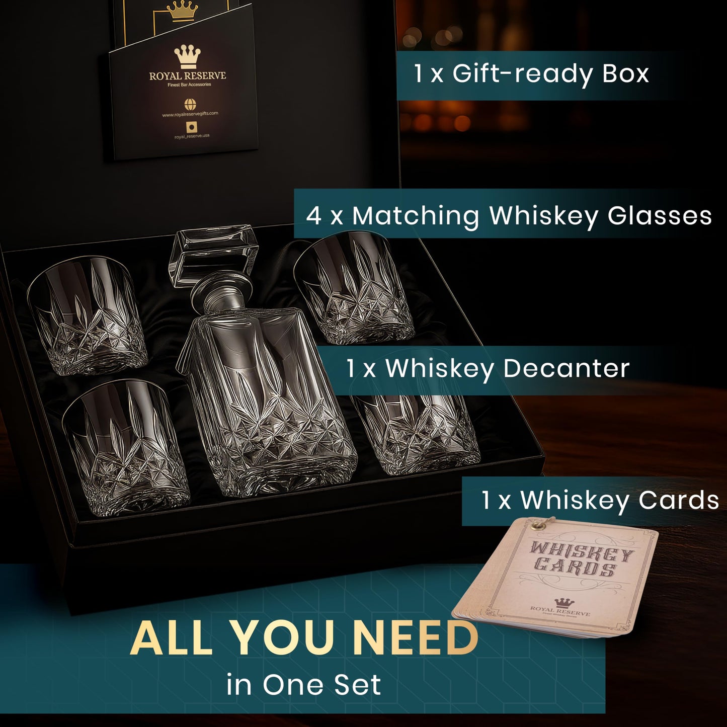 Whiskey Decanter Set by Royal Reserve - Crystal Liquor Bourbon Decanter 24oz 700ml with 4 Glasses in Magnetic Box - Gifts for Men