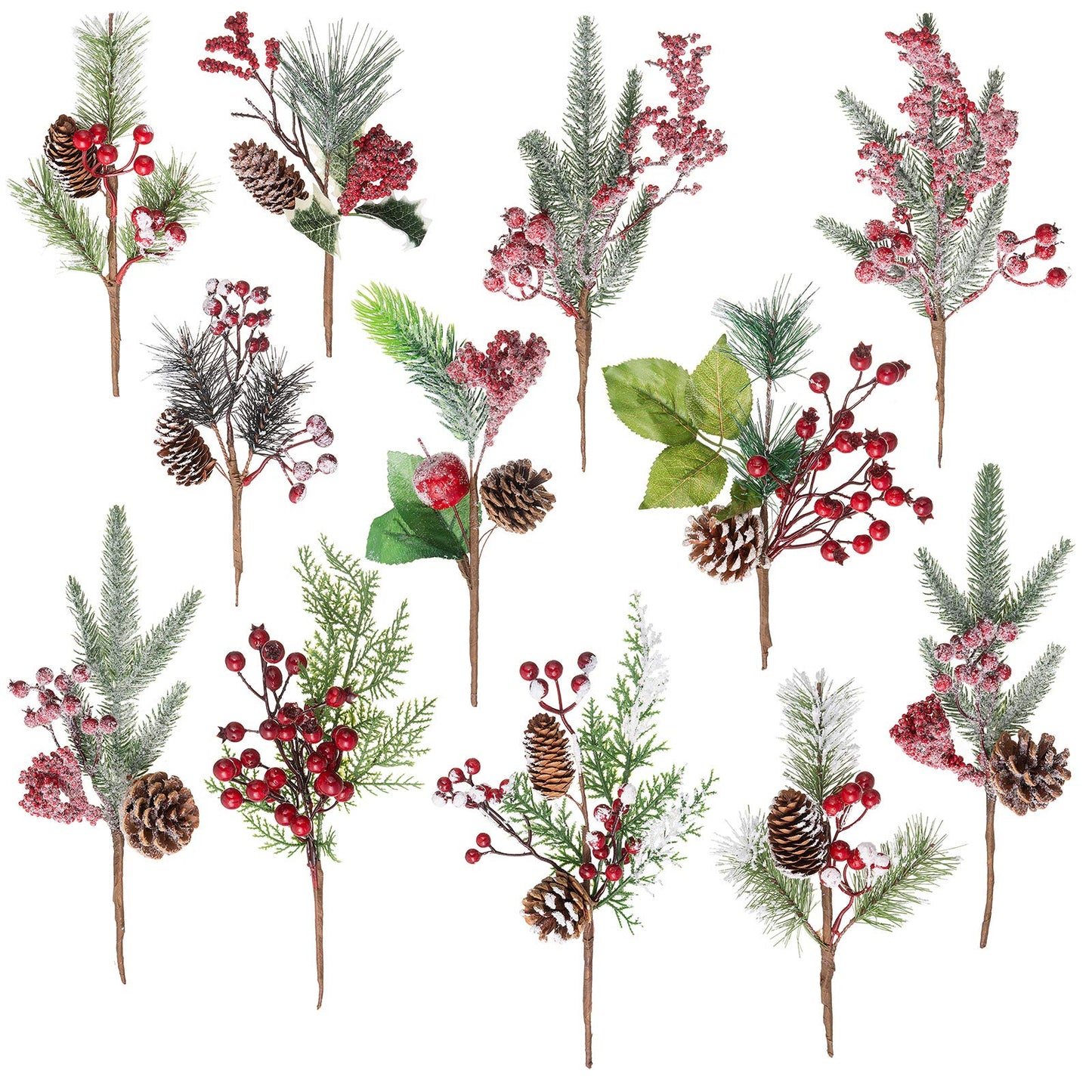 Crafare12-16 Inch Large Artificial Christmas Tree Picks 12 Styles Assorted Holly Picks Stems with Pinecones Leaves for Xmas Tree Filler Floral Arrangement Winter Holiday Season Décor
