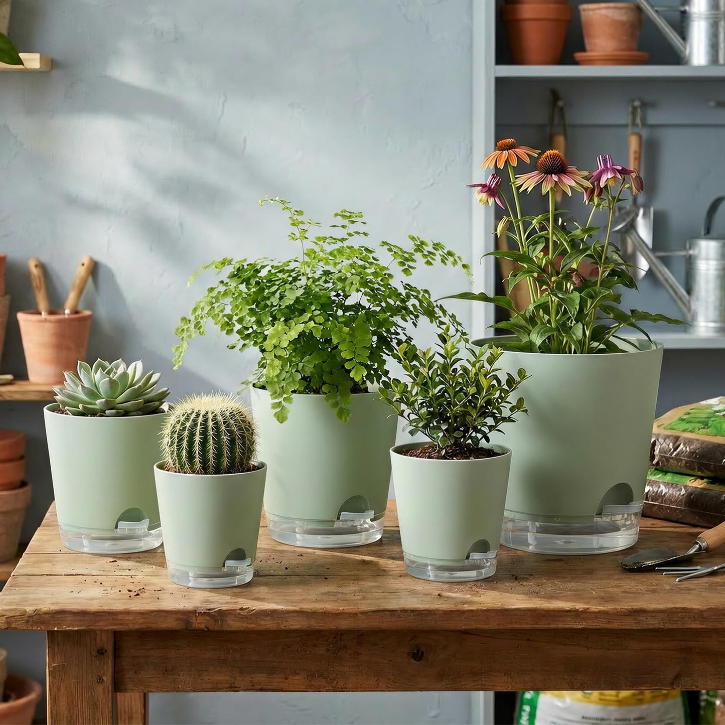 GARDIFE 2026 Upgraded Self Watering Plant Pots with Drainage Hole, 7/6.5/6/5.5/5/4 Inch Flower Planting Containers for House Plants, African Violet, Flowers, Cactus (Green, 7+6.5+6+5.5+5+4 inch)