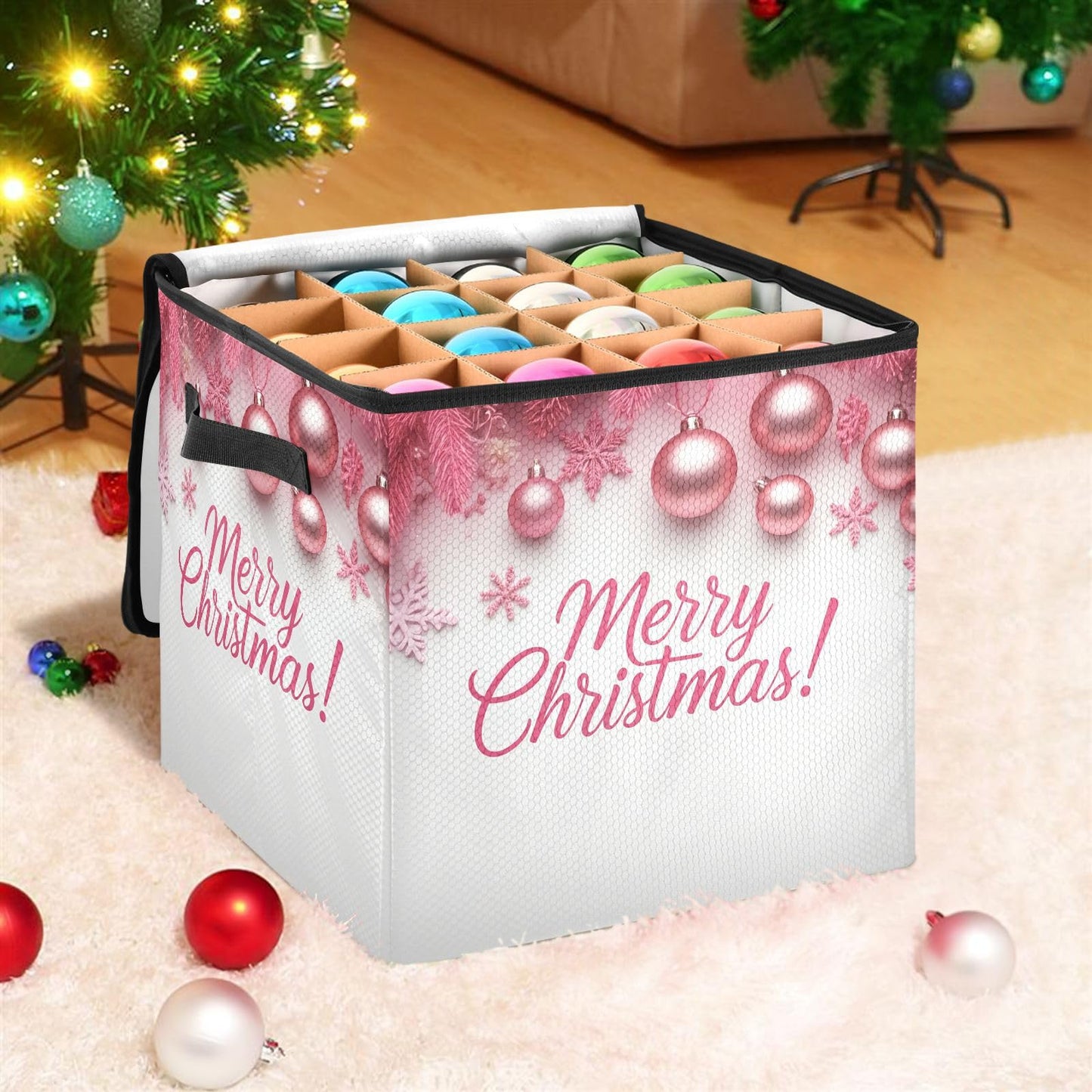 Gravopti Merry Christmas Pink Christmas Ornament Storage Box with Dividers, Holds up to 64-3" Holiday Ornaments, Collapsible Xmas Decoration Container with Lid & Handles, 13x13 Inch