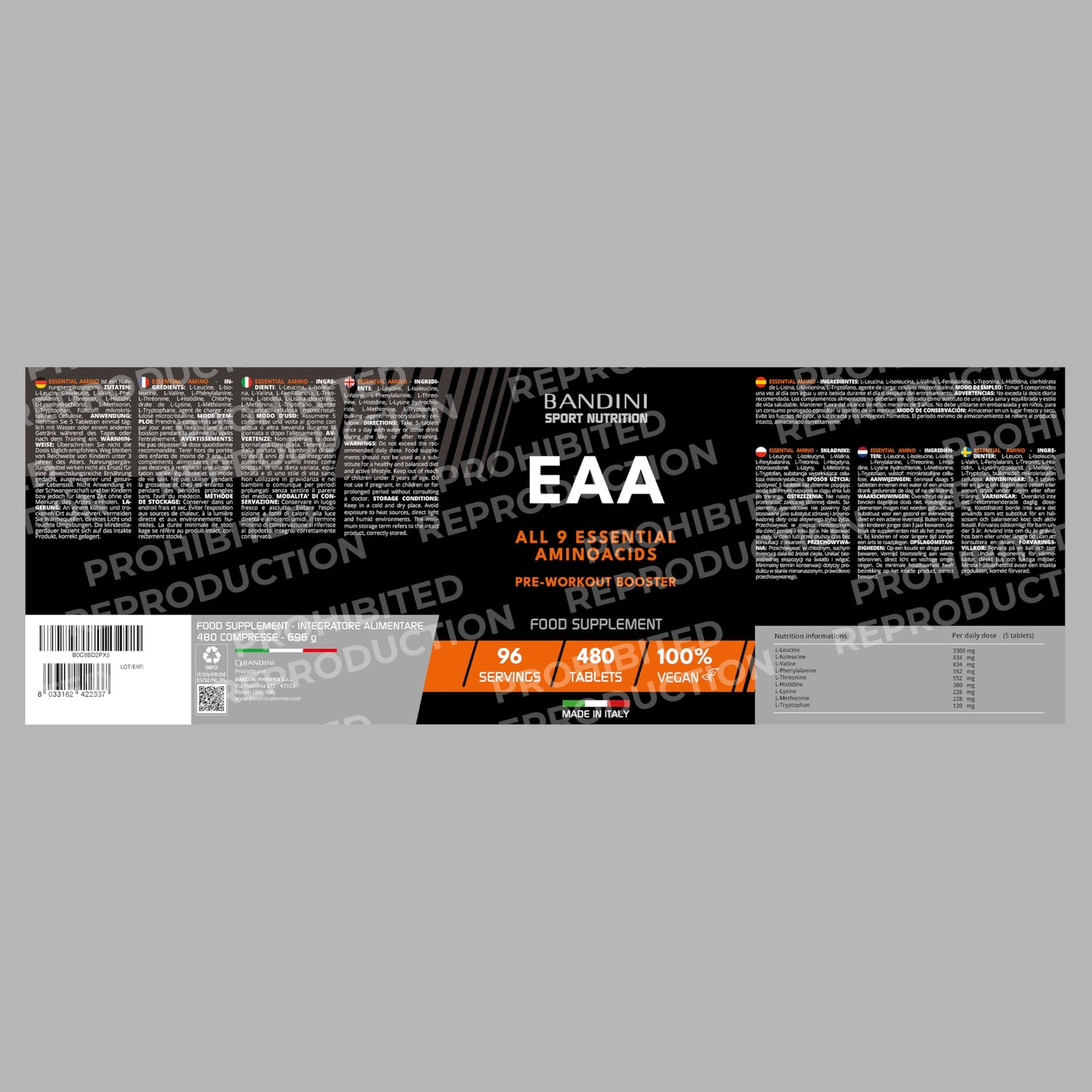 Bandini® EAA Essential Amino Acids | 480 Tablets 96-Day Supply | with All 9 EAAs Intra, Pre and Post Workout | Amino Acid Supplements for Sport | NO Additives, EAA Amino acids, Vegan Friendly